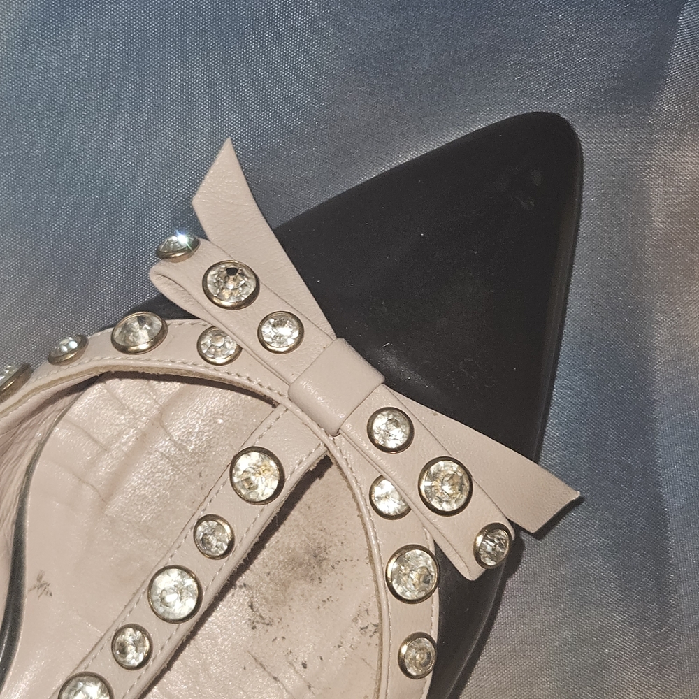 Kate Spade Patent Leather Black & Blush Pointed T-Strap,Rhinestones Kitten Heel - Picture 7 of 11